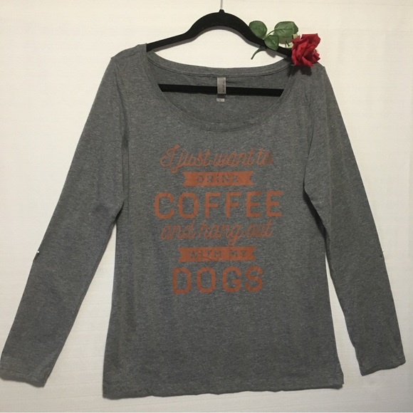 Next level scoop neck long sleeve gray tee shirt Spell out coffee dogs XL - Picture 9 of 9